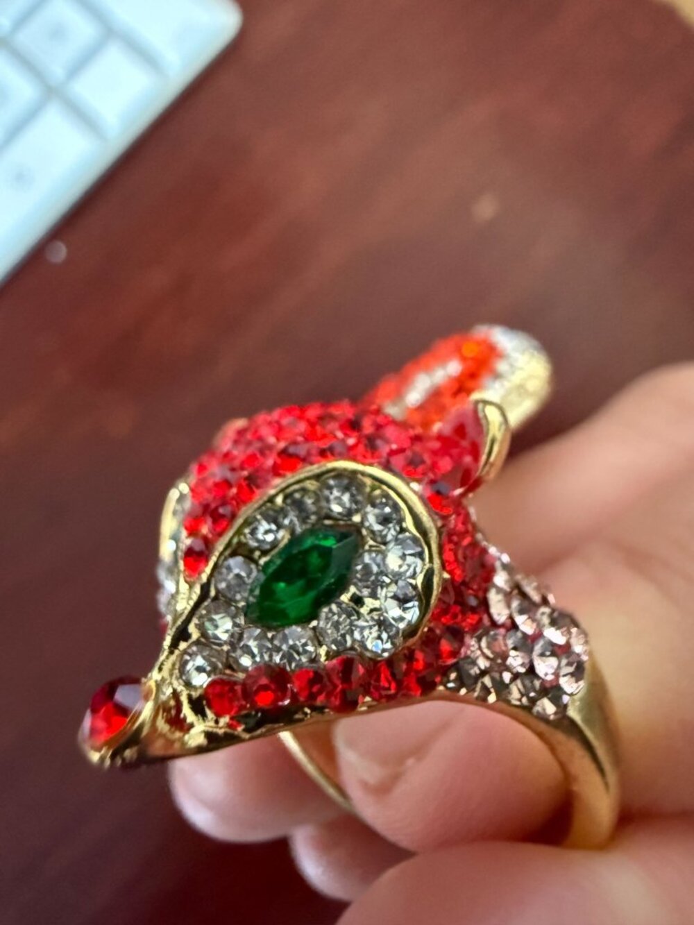 Rhinestone Fox Statement Ring Gold Tone Red Crystal Green Eyes Animal Size 7 - Picture 5 of 7